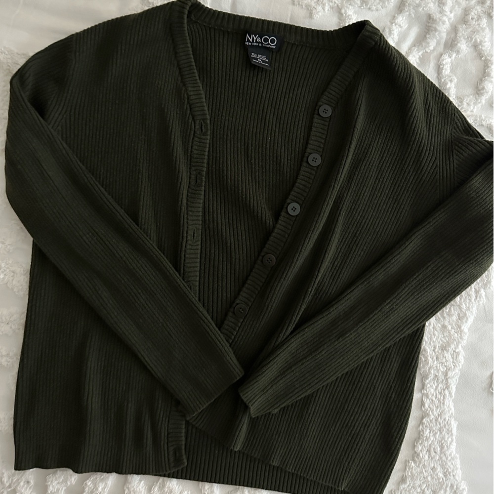 New York & Company Dark Green Ribbed Cardigan
